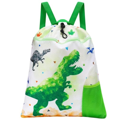 WAWSAM Turnbeutel Kinder - Turnbeutel Jungen Sportbeutel Dinosaurier String-Rucksack für Jungen Sport Schule Strand Reisen Schwimmen Sportbeutel mit Reißverschlusstasche Wasserflasche Tasche von WAWSAM