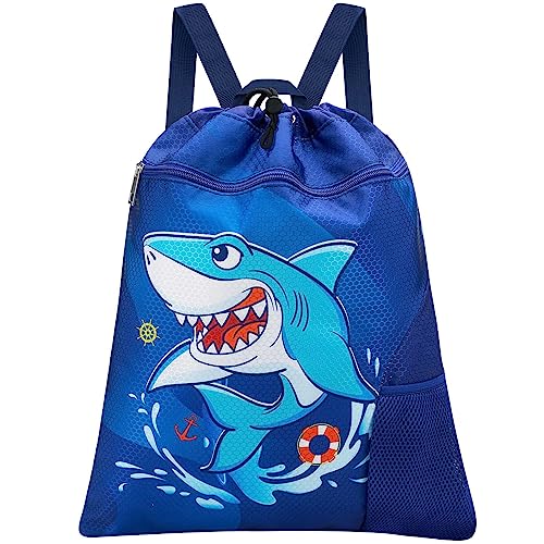 WAWSAM Kordelzug Rucksack Kinder - Wasserdicht Hai Turnbeutel String-Rucksack für Jungen Sport Schule Strand Reisen Schwimmen Sportbeutel mit Reißverschlusstasche Wasserflasche Tasche von WAWSAM