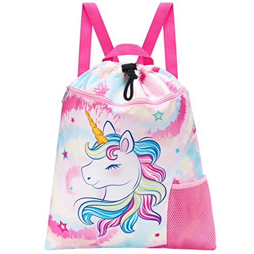 WAWSAM Kordelzug Rucksack Kinder - Wasserdicht Unicornio Turnbeutel String-Rucksack für Jungen Sport Schule Strand Reisen Schwimmen Sportbeutel mit Reißverschlusstasche Wasserflasche Tasche von WAWSAM