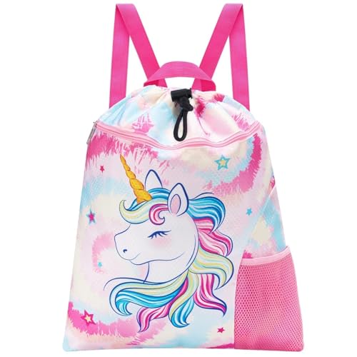 WAWSAM Kordelzug Rucksack Kinder - Wasserdicht Unicornio Turnbeutel String-Rucksack für Jungen Sport Schule Strand Reisen Schwimmen Sportbeutel mit Reißverschlusstasche Wasserflasche Tasche von WAWSAM