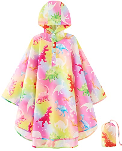 WAWSAM Leichte Kinders Regenponcho Wasserdichter Regenponcho für Mädchen Wiederverwendbar Mädchen Regenmantel mit Kapuze Regenjacke für Baby Mädchen Süßer Regenponcho mit Dinosaurier Muster von WAWSAM