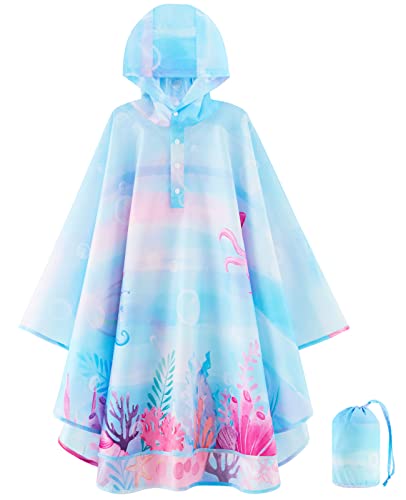 WAWSAM Leichte Kinders Regenponcho Wiederverwendbar Mädchen Regenmantel mit Kapuze Wasserdichter Regenponcho für Kleinkinder Atmungsaktiv Regencape mit Meerjungfrauen Muster von WAWSAM