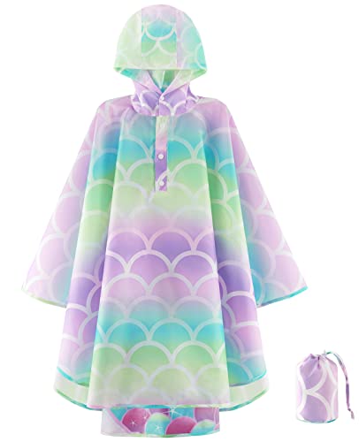 WAWSAM Mädchen Regenmantel Leichte Kinder Regenjacke Wasserdicht Kleinkind Regenponcho mit Kapuze Meerjungfrau Regenbekleidung kleine für Schule Wandern von WAWSAM