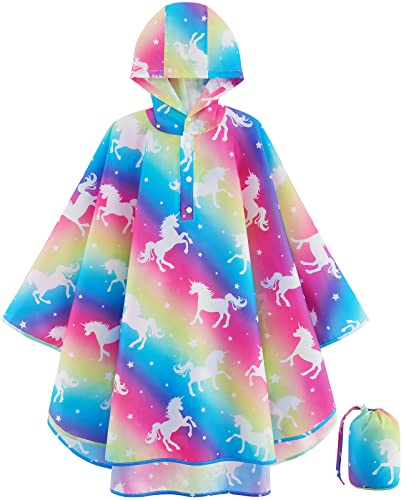 WAWSAM Mädchen Regenmantel Leichter Kinder Regenjacke Wasserdichter Kleinkind Regenponcho mit Kapuze Einhorn Regenbekleidung Kleine Mädchen Outdoor Jacken für Schule Wandern Camping von WAWSAM