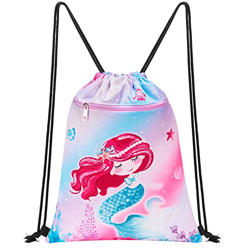 WAWSAM Meerjungfrau Rucksack mit Kordelzug für Kinder - 34 x 45 cm Sport Turnbeutel für Mädchen Wasserdicht Strand Schwimmen Schule Reise Sackpack Geburtstag mit Reißverschlusstasche von WAWSAM