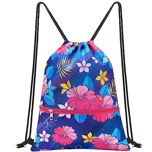 WAWSAM Rucksack mit Kordelzug - Blume Kordelzug Rucksack für Damen Wasserdicht Turnbeutel mit Reißverschlusstasche Rucksack Sport Schwimmen Einkaufen Yoga Sportbeutel von WAWSAM