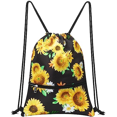 WAWSAM Rucksack mit Kordelzug - Sonnenblume Kordelzug Rucksack für Damen Wasserdicht Turnbeutel mit Reißverschlusstasche Rucksack Sport Schwimmen Einkaufen Yoga Sportbeutel von WAWSAM