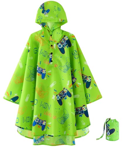 Videospiel Regenjacke Wiederverwendbar Leicht Regenponcho für Kinder Jungen Go Win Level Up Wasserdichter Grüner Regenmantel mit Kapuze und Beuteltasche von WAWSAM