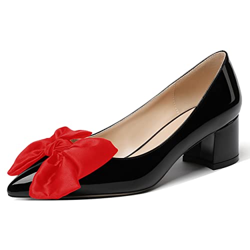 WAYDERNS Damen Slip On Pointed Toe Patent Bow Dekoration Chunky Low Heel Pumps Schuhe 2 Zoll, Schwarz/Rot, 41 EU von WAYDERNS