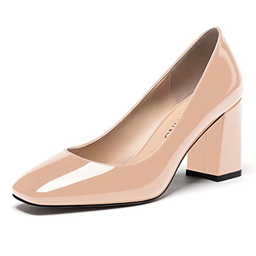 WAYDERNS Damen Slip On Solid Square Toe Patent Block High Heel Pumps Schuhe 7,6 cm, beige, 42 EU von WAYDERNS