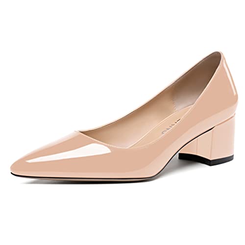 WAYDERNS Damen Spitzer Zehenbereich Lack Leder Solid Slip On Chunky Low Heel Pumps Schuhe 5 Zoll, Beige (beige), 39 EU von WAYDERNS