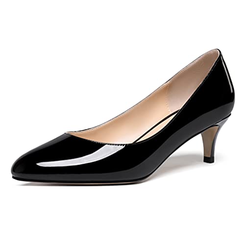 WAYDERNS Damen Süße Solide Slip On Runde Zehen Lack Leder Niedrig Kitten Heel Pumps Schuhe 5 Zoll, Schwarz (schwarz), 42 EU von WAYDERNS