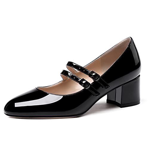 WAYDERNS Mary Jane Damen Pumps mit verstellbarem Riemen, runder Zehenbereich, Lackleder, niedriger Absatz, 5,1 cm, schwarz, 40 EU von WAYDERNS