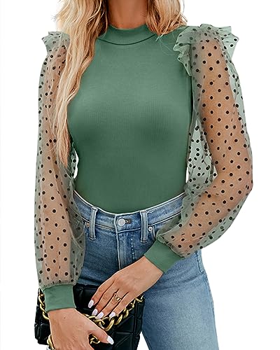 WAYMAKER Damen Mock Rollkragen Polka Dot Sheer Mesh Puff Langarm Bodysuit Blusen Tops Shirts, Grau/Grün, S von WAYMAKER