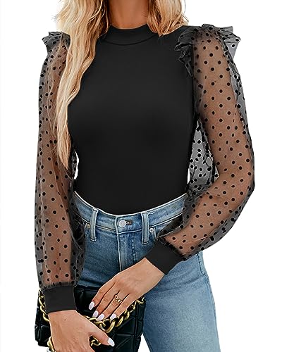 WAYMAKER Damen Mock Rollkragen Polka Dot Sheer Mesh Puff Langarm Bodysuit Blusen Tops Shirts, Schwarz, S von WAYMAKER