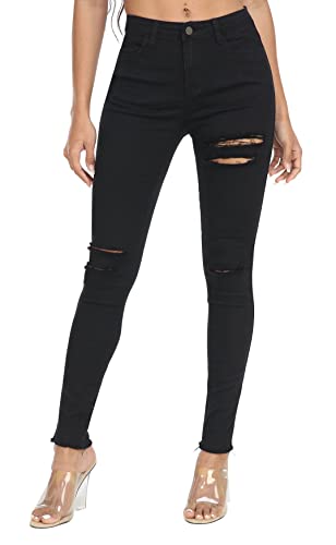 WAYRUNZ Damen Hyper Ultra Stretch Bequeme Hose Farbige Mid-Rise Skinny Jeans Juniors Jeggings, 061-ripped Black, 38 von WAYRUNZ