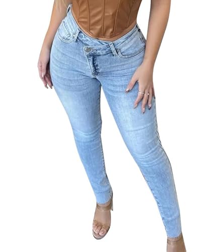 WAYRUNZ Damen Hyper Ultra Stretch Bequeme Hose Farbige Mid-Rise Skinny Jeans Juniors Jeggings, 066-Crossover Hellblau, 44 von WAYRUNZ