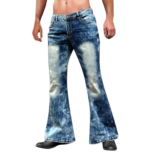 Herren Jeans Schlaghose 70er Blau Jeans dunkelblau Used Jeans-Schlaghose dunkle Vintage Bootcut Flared-Jeans im Used-Look Jeans Schlaghose Star Random im 70er-Jahre Look Vintage Style von WAZHAKU