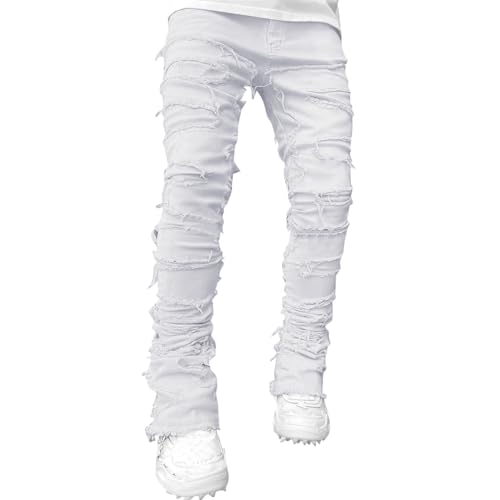 Herren Slim Fit Jeans Distressed Patchwork Stacked Frayed Skinny Denim Hose mit geradem Bein Hip Hop Harajuku Jeans Herren zerrissene Destroyed Straight Fit Washed Denim Jeans Hose von WAZHAKU
