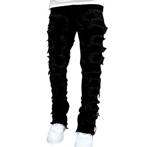 Herren Slim Fit Jeans Distressed Patchwork Stacked Frayed Skinny Denim Hose mit geradem Bein Hip Hop Harajuku Jeans Herren zerrissene Destroyed Straight Fit Washed Denim Jeans Hose von WAZHAKU
