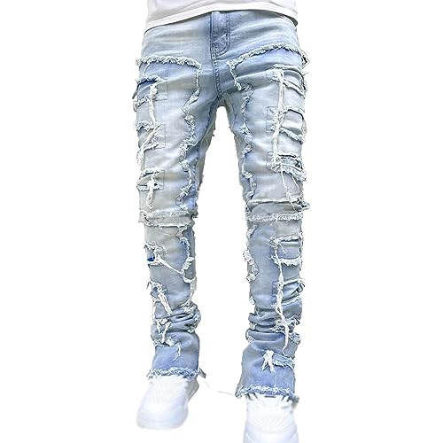 Herren Slim Fit Jeans Distressed Patchwork Stacked Frayed Skinny Denim Hose mit geradem Bein Hip Hop Harajuku Jeans Herren zerrissene Destroyed Straight Fit Washed Denim Jeans Hose von WAZHAKU