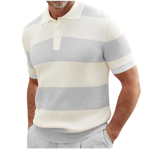 Poloshirt Herren Kurz Strick Polo-Shirts Vintage Strickshirt mit Knopfleiste Atmungsaktiv Sommershirt mit Reißverschluss Streifen gestrickte Umlegekragen Polohemd Freizeit Stylisches von WAZHAKU