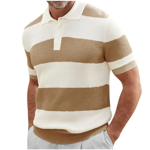 Poloshirt Herren Kurz Strick Polo-Shirts Vintage Strickshirt mit Knopfleiste Atmungsaktiv Sommershirt mit Reißverschluss Streifen gestrickte Umlegekragen Polohemd Freizeit Stylisches von WAZHAKU