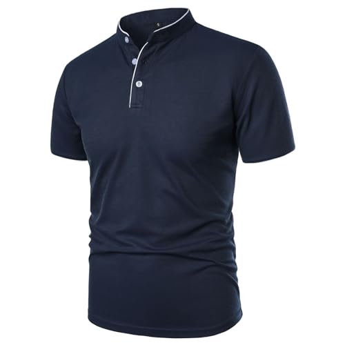 Poloshirt Herren Kurzarm Stehkragen T-Shirt Polohemd Kurzarm Einfarbig Poloshirts Strick-Polo Kurzarm Vintage Atmungsaktiv Golf-Polo Button Down Regular Fit Kurzarmhemden V-Ausschnitt von WAZHAKU