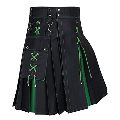 Schottenrock Herren Schottischer Kilt Punk Röcke Mit Kontrasttaschen Gestreift Highland Hohe Taille Kurz Skirt Schuhe Einfach Und Stilvoll Mittelalterliche Schottland Faltenröcke von WAZHAKU