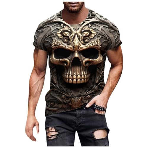 T Shirt Herren Langarm Sportshirt mit 3D-Totenkopf Druck Oversize Trainingsshirt Rundhals Freizeithemd Wander Tshirt Jogger Fitness Atmungsaktive Gym Sport Oberteile Muskelshirts von WAZHAKU