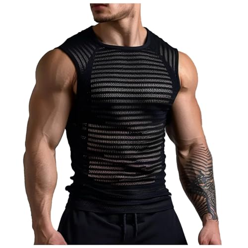 Tanktop Herren Netz Muskelshirt Transparent Shirts Netzhemd Rundkragen Netzshirt Herren ärmellos Clubwear Muskel Transparent Sportshirt Männer Netzhemd Hoodie Streifenshirt Top Netzshirt von WAZHAKU