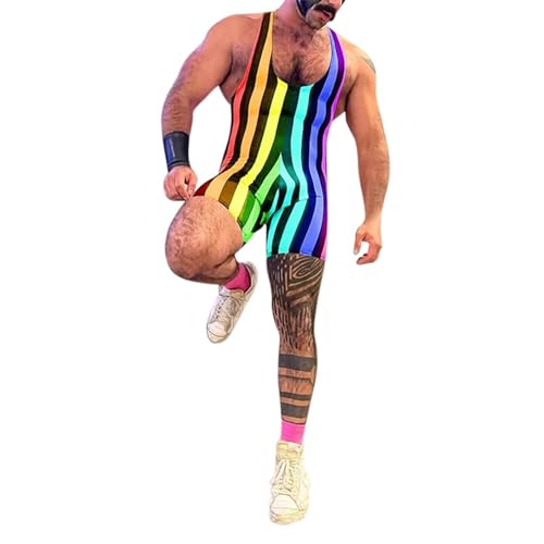WAZHAKU Einteiler Bodysuit Regenbogen Bodys Overall Herren Weste Shorts Jumpsuit Herren Ärmellos Body Gestreift Tanktop Unterhemd Achselhemd mit Slim Fit Boxershorts Kurze Hose Männer von WAZHAKU