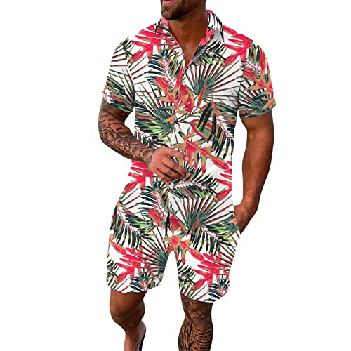 WAZHAKU Hawaii Hemd Herren Set Kurzarm Hawaiihemd Funky Hawaii Anzug Button Down Hawaii Hemden 2-Teilig Kurzarmhemd + Shorts Trainingsanzug Freizeit Sommer Strandhemd für Strand Urlaub Party von WAZHAKU