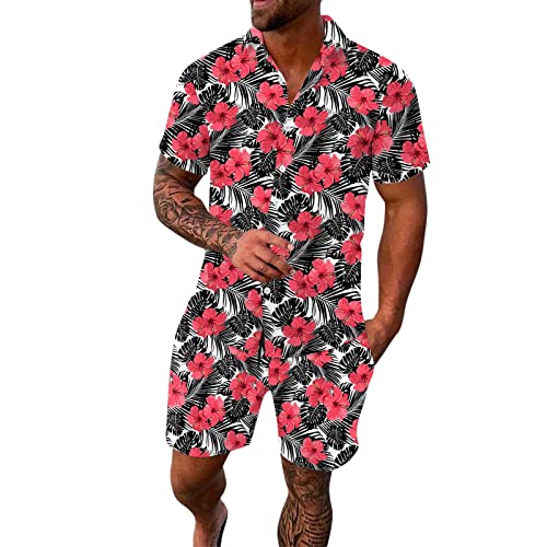 WAZHAKU Hawaii Hemd Herren Set Kurzarm Hawaiihemd Funky Hawaii Anzug Button Down Hawaii Hemden 2-Teilig Kurzarmhemd + Shorts Trainingsanzug Freizeit Sommer Strandhemd für Strand Urlaub Party von WAZHAKU