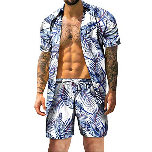 WAZHAKU Hawaii Hemd Männer Kurzarm Hawaiihemd Funky Strand Anzug Button Down Hawaii Hemden 2-Teilig Hemden + Kurze Hose Freizeitanzug Freizeit Herrenhemd Strandhemd Set für Party Urlaub von WAZHAKU