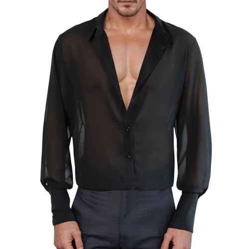 WAZHAKU Herren Langarmhemd aus Durchsichtigem Mesh Unterhemden Muskel See-Through Top Netz T-Shirt Hemd für Party Club Casual Wear Transparentes Hemd Schwarz Herren Durchsichtiges Herrenhemd von WAZHAKU