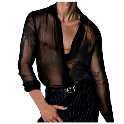 WAZHAKU Herren Langarmhemd aus Durchsichtigem Mesh Unterhemden Muskel See-Through Top Netz T-Shirt Hemd für Party Club Casual Wear Transparentes Hemd Schwarz Herren Durchsichtiges Herrenhemd von WAZHAKU