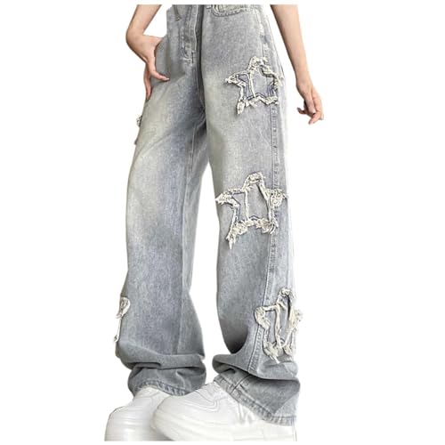 WAZHAKU Jeans Damen Baggy Y2k Jeanshose Streetwear Hohe Waist Wide Leg Vintage Locker Weites Bein Harajuku Hosen Teenager Mädchen Vintage Clothes Trendy Y2k Stretch Jeans mit Stern-Stickerei von WAZHAKU