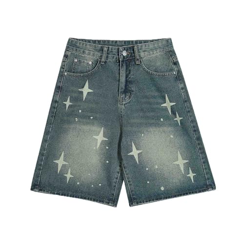 WAZHAKU Jeans Kurz Herren Kreuzstern-Stickerei Denim Shorts Baggy Jorts Mid Rise Stretchy Patchwork Star Kordelzug Jeans Shorts Sommer Jorts Y2K Unisex Cargohose Teenager Jungen Skateboard Hose von WAZHAKU