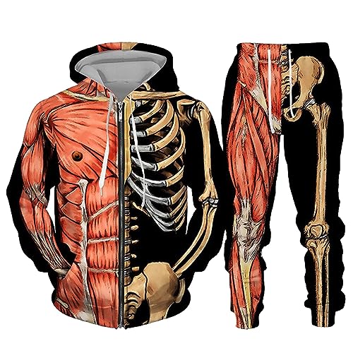 WAZHAKU Jogginganzug Herren Halloween Kostüme Skelett Trainingsanzug Sportanzug Oversized Freizeitanzug Zweiteiler Outfit Fitnessanzug 2-Teilig Kapuzenjacke + Jogginghose Casual Hausanzug Herbst von WAZHAKU