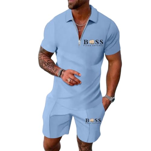 WAZHAKU Jogginganzug Herren Streetwear Sportanzug Oversized Activewear Sweatsuits Zweiteiliger Fitnessanzug 2-Teilig Poloshirt + Sporth Shorts Freizeit Jogginganzug Laufshirt Sweatsuits von WAZHAKU