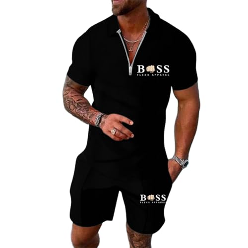 WAZHAKU Jogginganzug Herren Streetwear Sportanzug Oversized Activewear Sweatsuits Zweiteiliger Fitnessanzug 2-Teilig Poloshirt + Sporth Shorts Freizeit Jogginganzug Laufshirt Sweatsuits von WAZHAKU