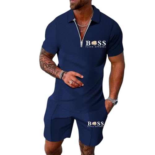 WAZHAKU Jogginganzug Herren Streetwear Sportanzug Oversized Activewear Sweatsuits Zweiteiliger Fitnessanzug 2-Teilig Poloshirt + Sporth Shorts Freizeit Jogginganzug Laufshirt Sweatsuits von WAZHAKU