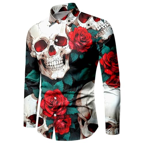 WAZHAKU Karneval Kostüm Herren Casual Hemd Totenkopf Rose 3D Gedruckt Langarm Hemden Button Down Hawaiian Vintage mit Stehkragen Lose Strand Hemd Freizeithemd Hawaii Hemd Muster Langarmhemd von WAZHAKU