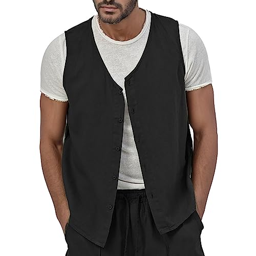 WAZHAKU Leinenweste Herren Sommer Leinen Anzug Weste Casual Weste Sommer Slim Fit Weste Leinen Anzug Weste V-Ausschnitt Weste für Hochzeit Smoking Sommer Strand Abschlussball Weste von WAZHAKU