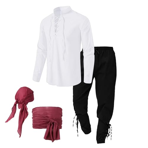 WAZHAKU Mittelalter Kleidung Herren Set Wikinger Kostüm Herren Set Mittelalter Kostüm Hemd Herren Piratenhemd Steampunk Renaissance Viktorian Halloween Kostüm Hose Oberteile Kopftuch Gürtel von WAZHAKU