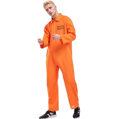 WAZHAKU Orange GefäNgnis Kostüm Herren Halloween Kostüm Damen Unisex SträFlingskostüm Prisoner Cosplay Karneval Party Deko Häftling Overall Damen Gefangener Kostüm Halloween Orange Jumpsuit von WAZHAKU