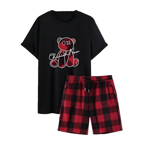 WAZHAKU Schlafanzug Herren Kurz Sleepwear Nightwear Nachtwäsche Set Rundhals Baggy Pyjamas Bärenmuster T-Shirts Und Stretch Shorts 2 Teiler Set Kurzarm Homewear Suit Set Shorty Pyjama Loungewear von WAZHAKU