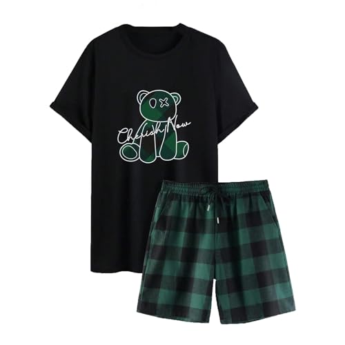 WAZHAKU Schlafanzug Herren Kurz Sleepwear Nightwear Nachtwäsche Set Rundhals Baggy Pyjamas Bärenmuster T-Shirts Und Stretch Shorts 2 Teiler Set Kurzarm Homewear Suit Set Shorty Pyjama Loungewear von WAZHAKU