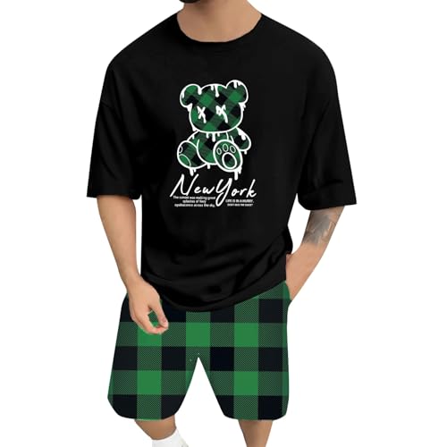 WAZHAKU Schlafanzug Herren Pyjama Set Kurz Baumwolle Sommer Nachtwäsche Set Männer mit Bärenmuster T-Shirt + Karierter Schlafanzughose Zweiteiliger Sommer Shorty Pyjama Hausanzug Sleepwear von WAZHAKU